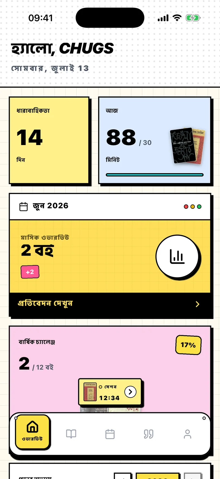 Chugs ওভারভিউ স্ক্রিন, যেখানে টানা পড়ার দিন, দৈনিক লক্ষ্য ও বার্ষিক লক্ষ্য রয়েছে