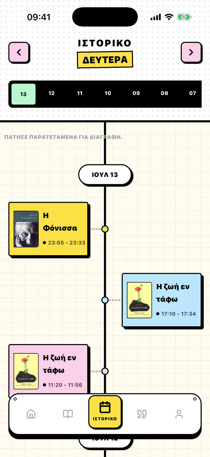Η οθόνη Ιστορικό του Chugs με συνεδρίες ανάγνωσης ταξινομημένες ανά ημερομηνία