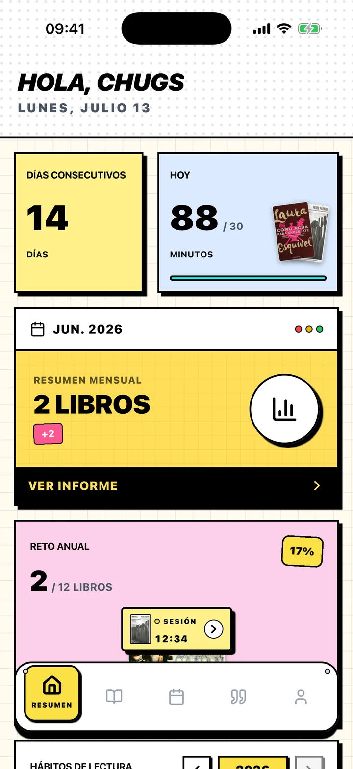 Pantalla Resumen de Chugs con una racha de lectura, una meta diaria y una meta anual