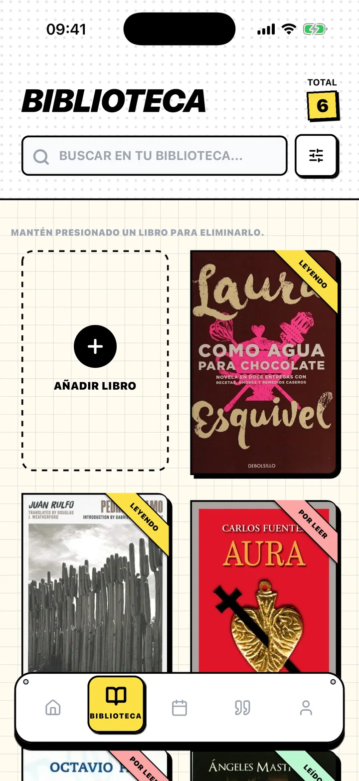 Pantalla Biblioteca de Chugs con libros en los estantes Por leer, Leyendo y Leídos