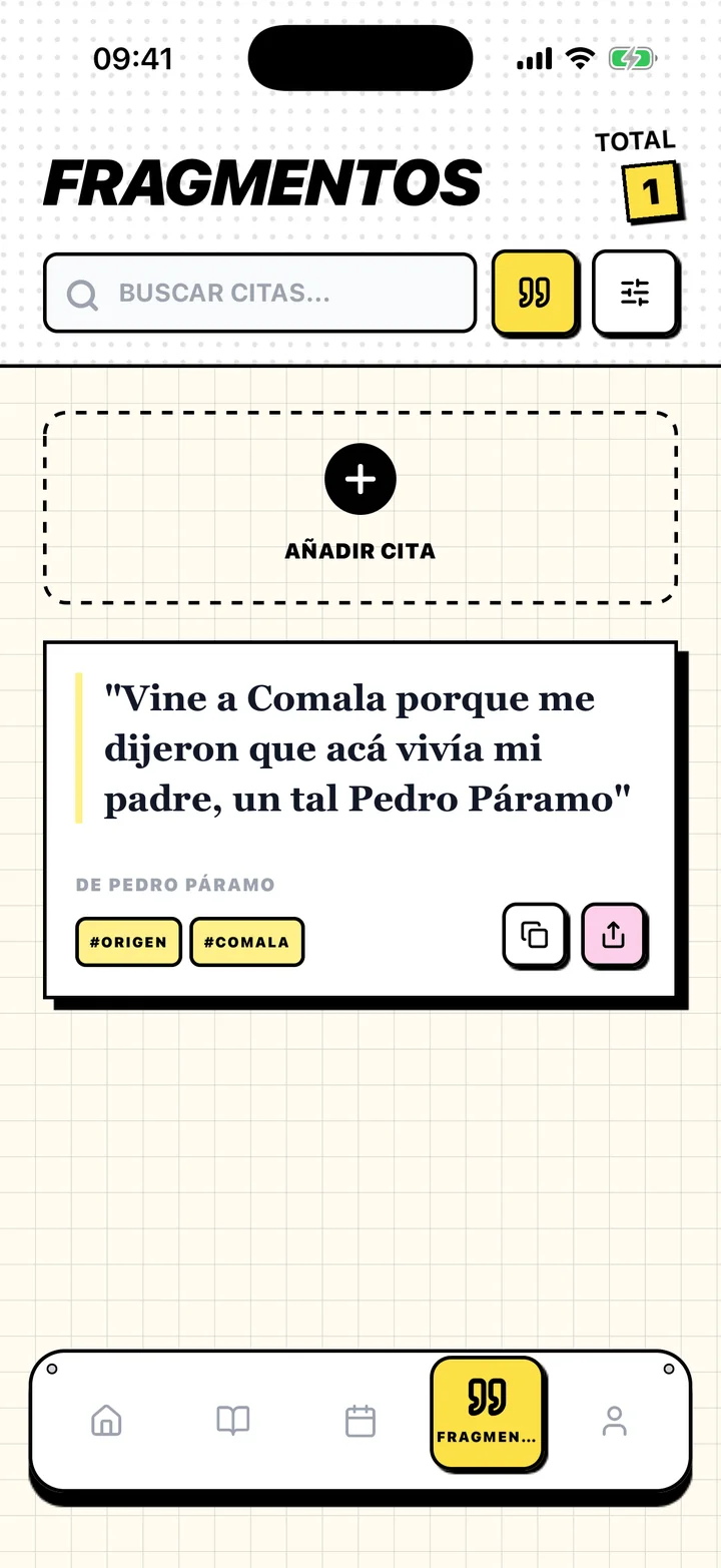 Pantalla de Chugs con una cita guardada, su libro y sus etiquetas