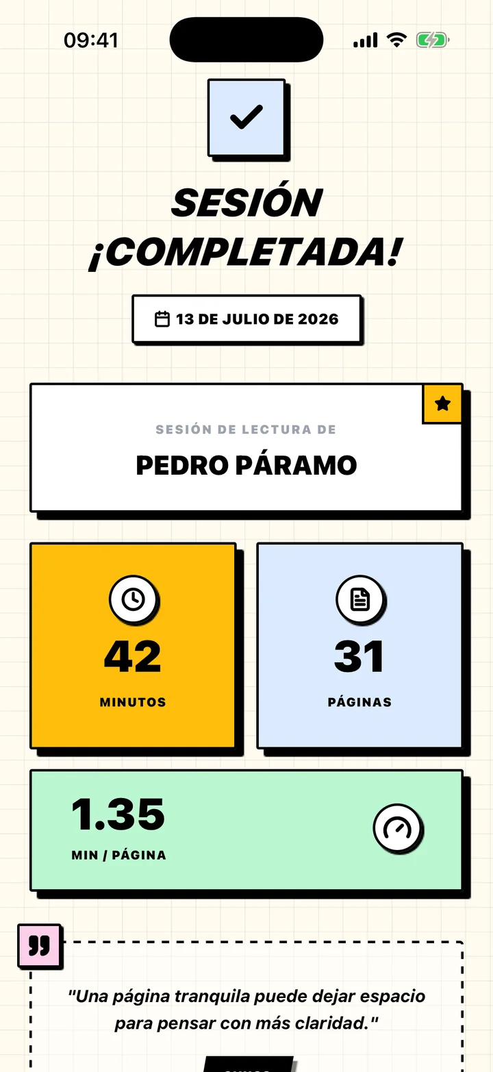 Resumen de una sesión en Chugs con minutos leídos, páginas y ritmo