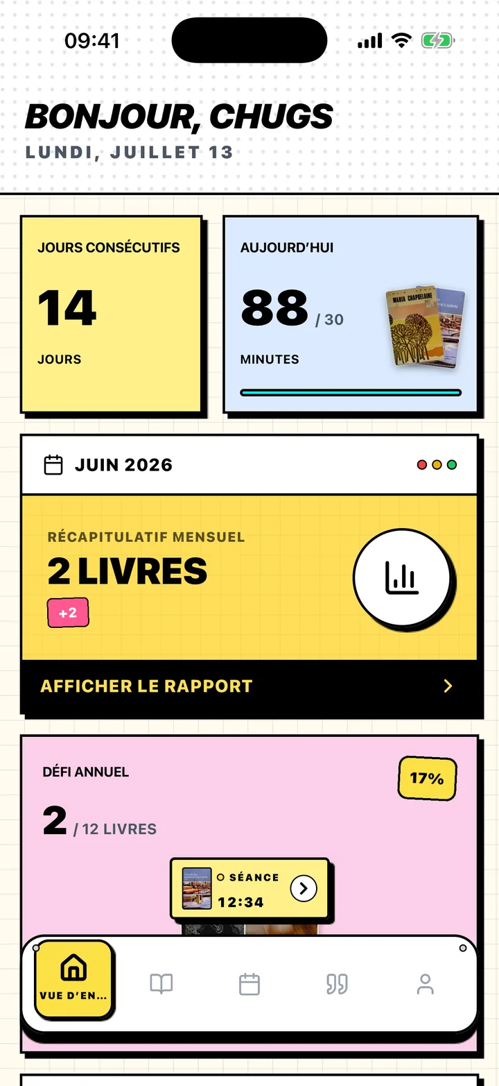 Écran Vue d’ensemble de Chugs avec une série de lecture, un objectif quotidien et un objectif annuel