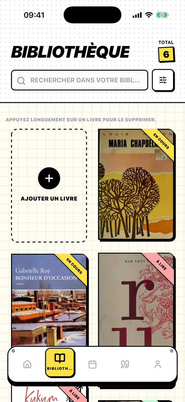 Écran Bibliothèque de Chugs avec des livres sur les étagères À lire, En cours et Lus