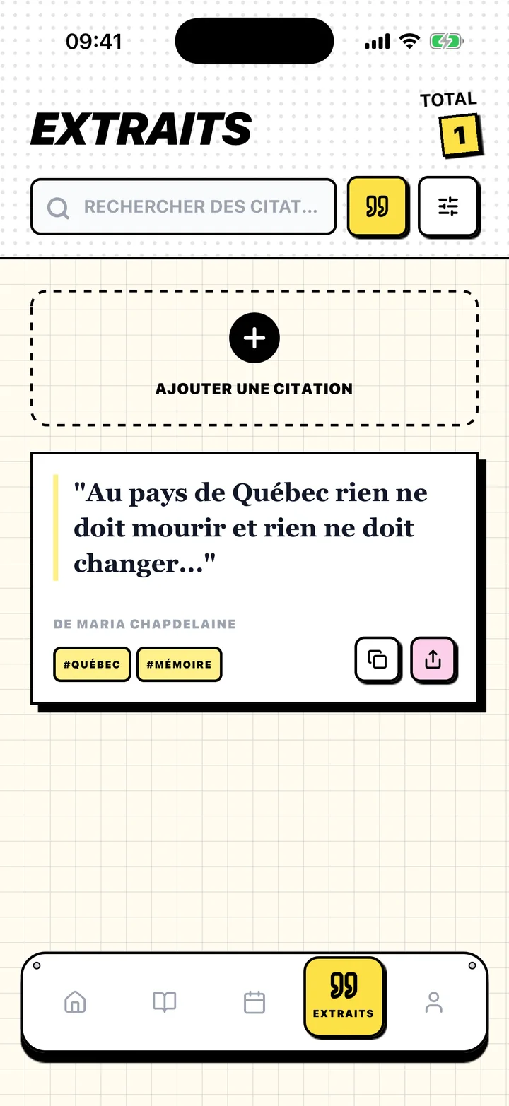 Écran Chugs affichant une citation enregistrée, son livre et ses étiquettes