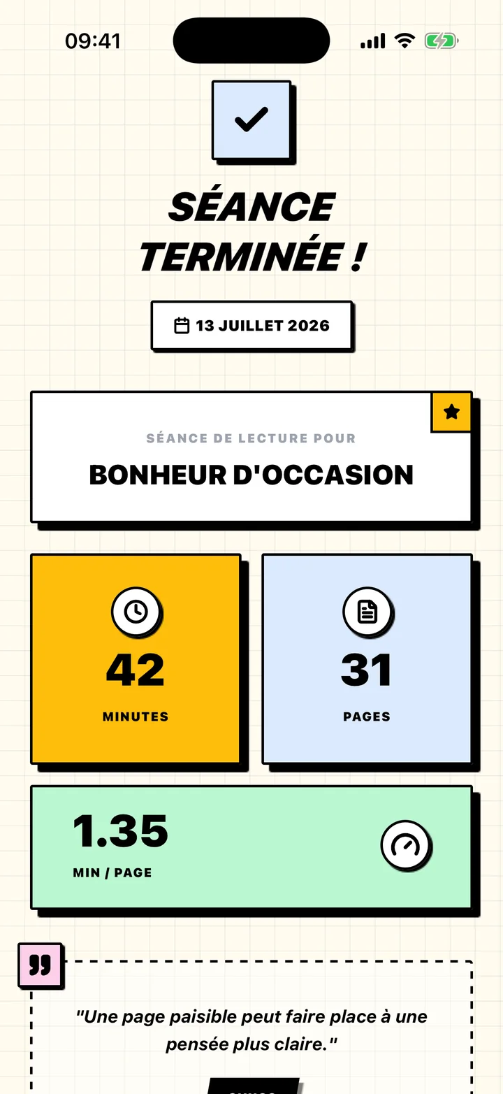Sommaire de séance Chugs avec les minutes lues, les pages et le rythme