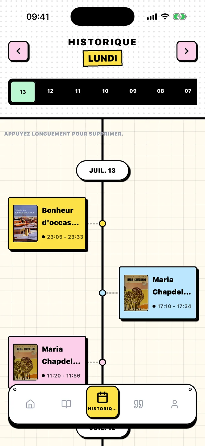 Écran Historique de Chugs avec les séances de lecture classées par date