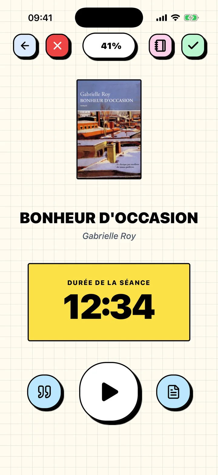 Minuterie de lecture Chugs chronométrant une séance pour le livre en cours