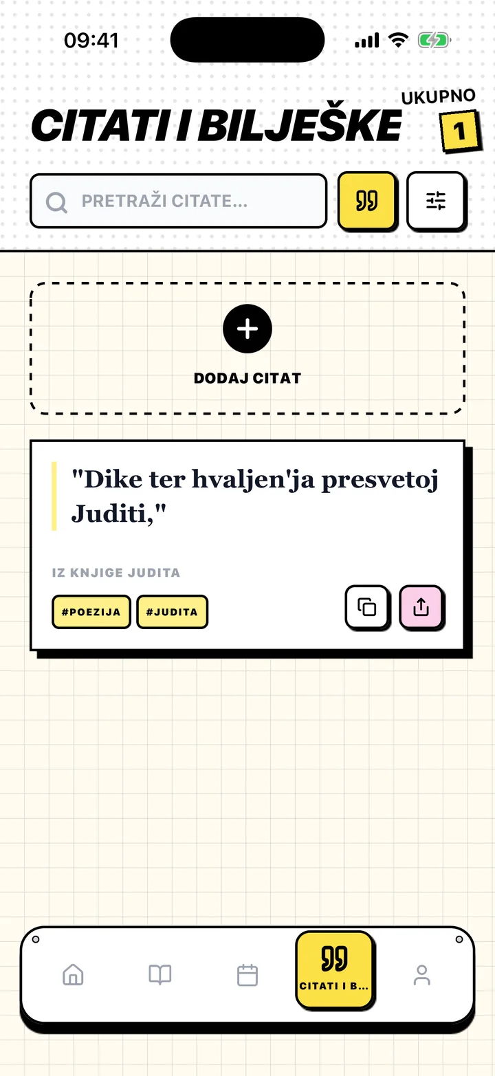 Zaslon u Chugsu sa spremljenim citatom, njegovom knjigom i oznakama