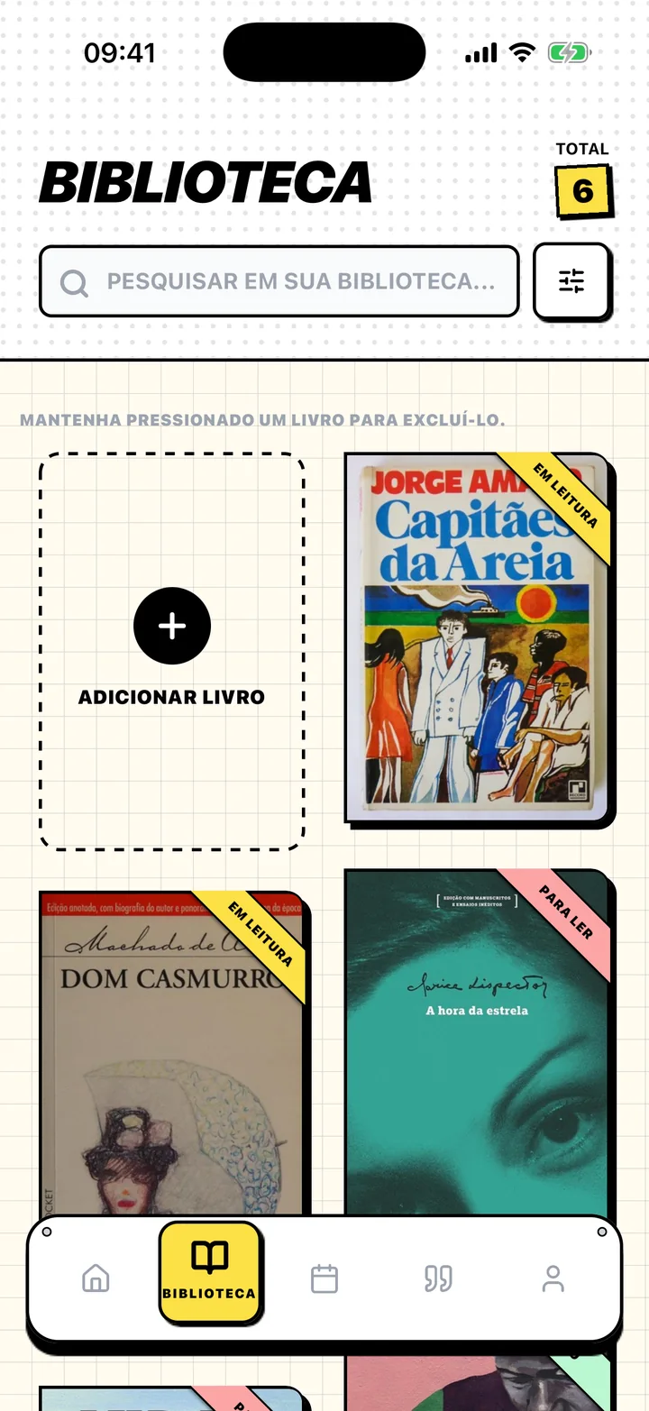 Tela Biblioteca do Chugs com livros nas estantes Para ler, Em leitura e Lidos