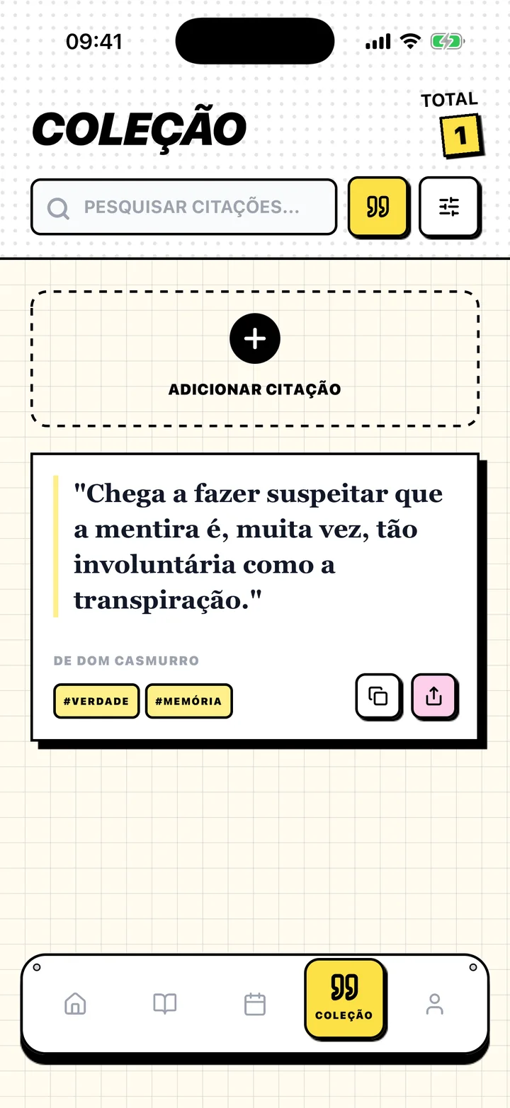 Tela do Chugs com uma citação salva, o livro de origem e etiquetas