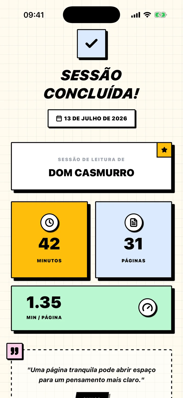 Resumo de sessão do Chugs com minutos lidos, páginas e ritmo
