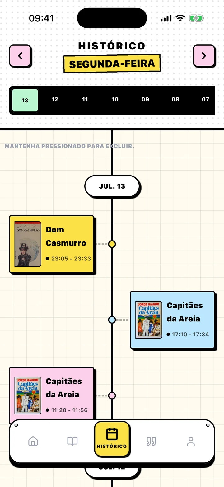 Tela Histórico do Chugs com sessões de leitura organizadas por data