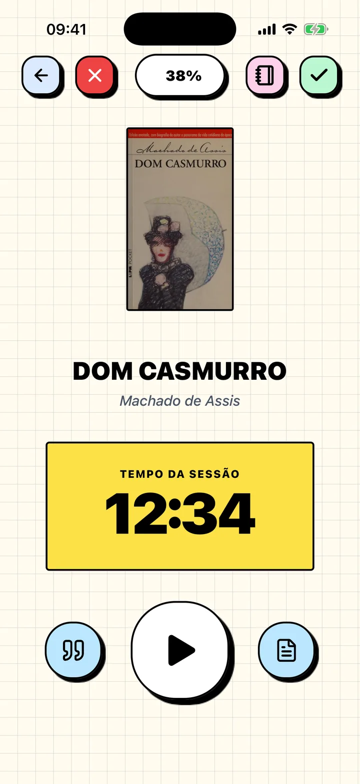 Cronômetro de leitura do Chugs contando uma sessão do livro atual