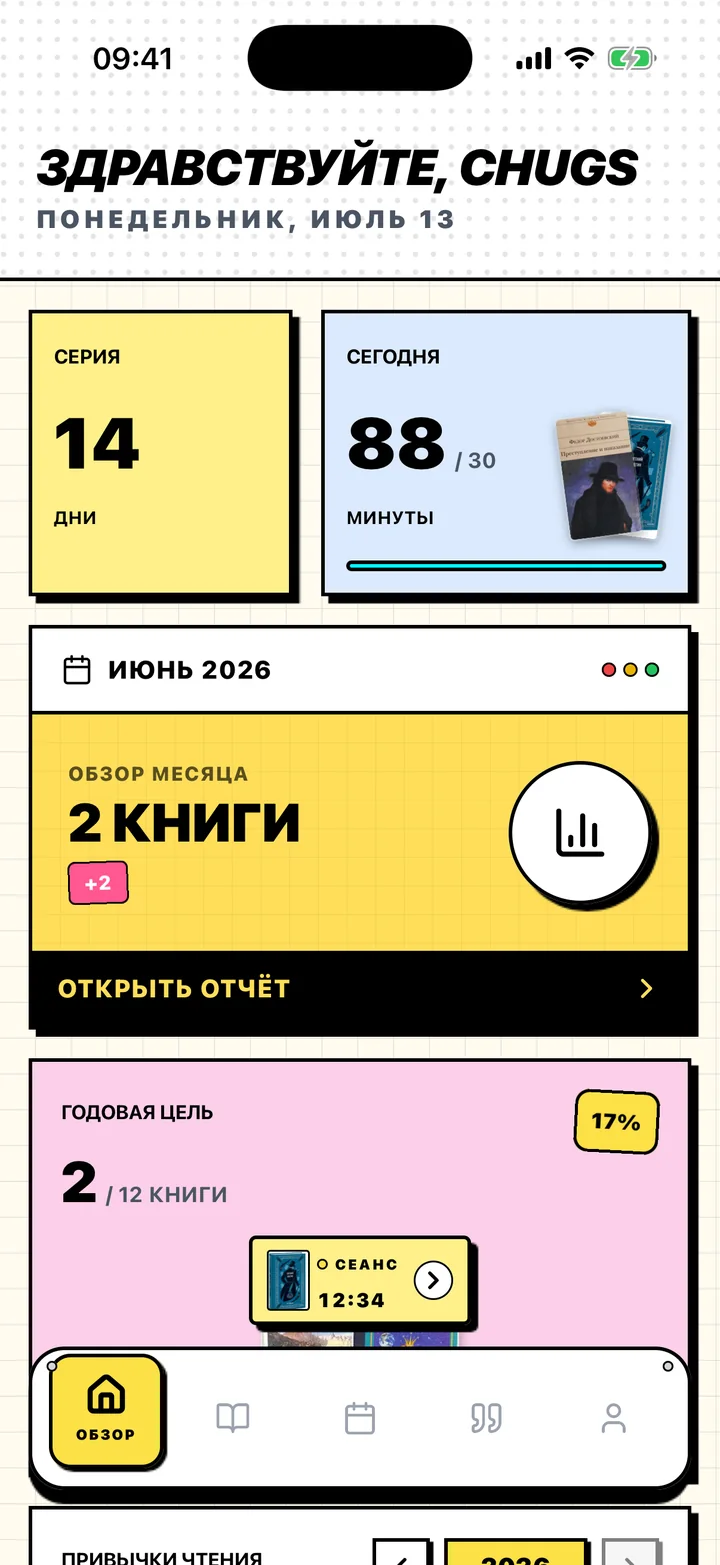 Экран «Обзор» в Chugs с серией чтения, дневной и годовой целью