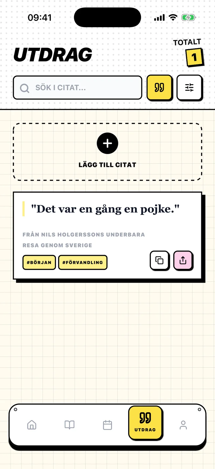 Chugs-skärm med ett sparat citat, boken det kommer från och taggar