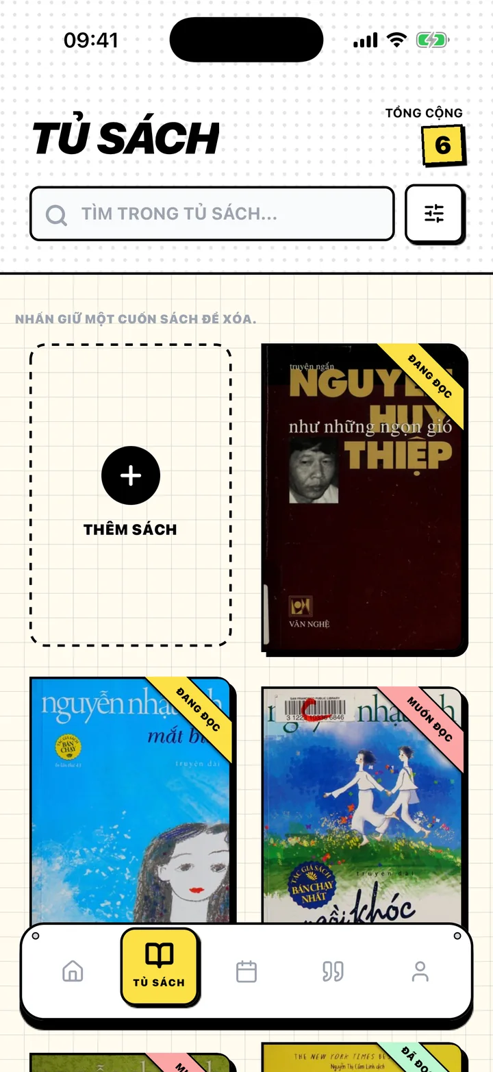 Màn hình Tủ sách của Chugs với sách trên các kệ Muốn đọc, Đang đọc và Đã đọc xong
