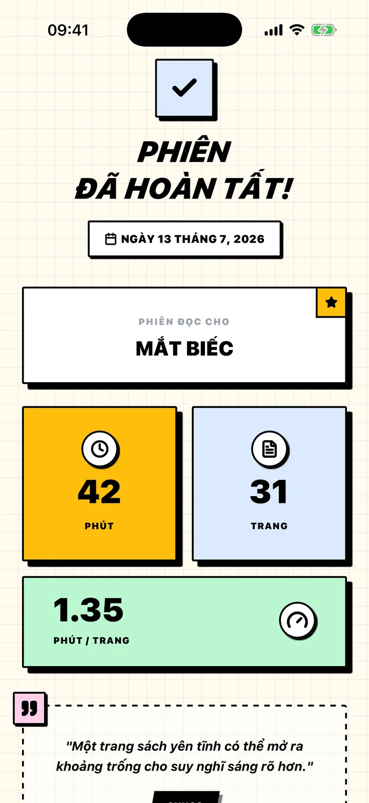 Tổng kết phiên đọc trong Chugs với số phút đã đọc, số trang và nhịp độ