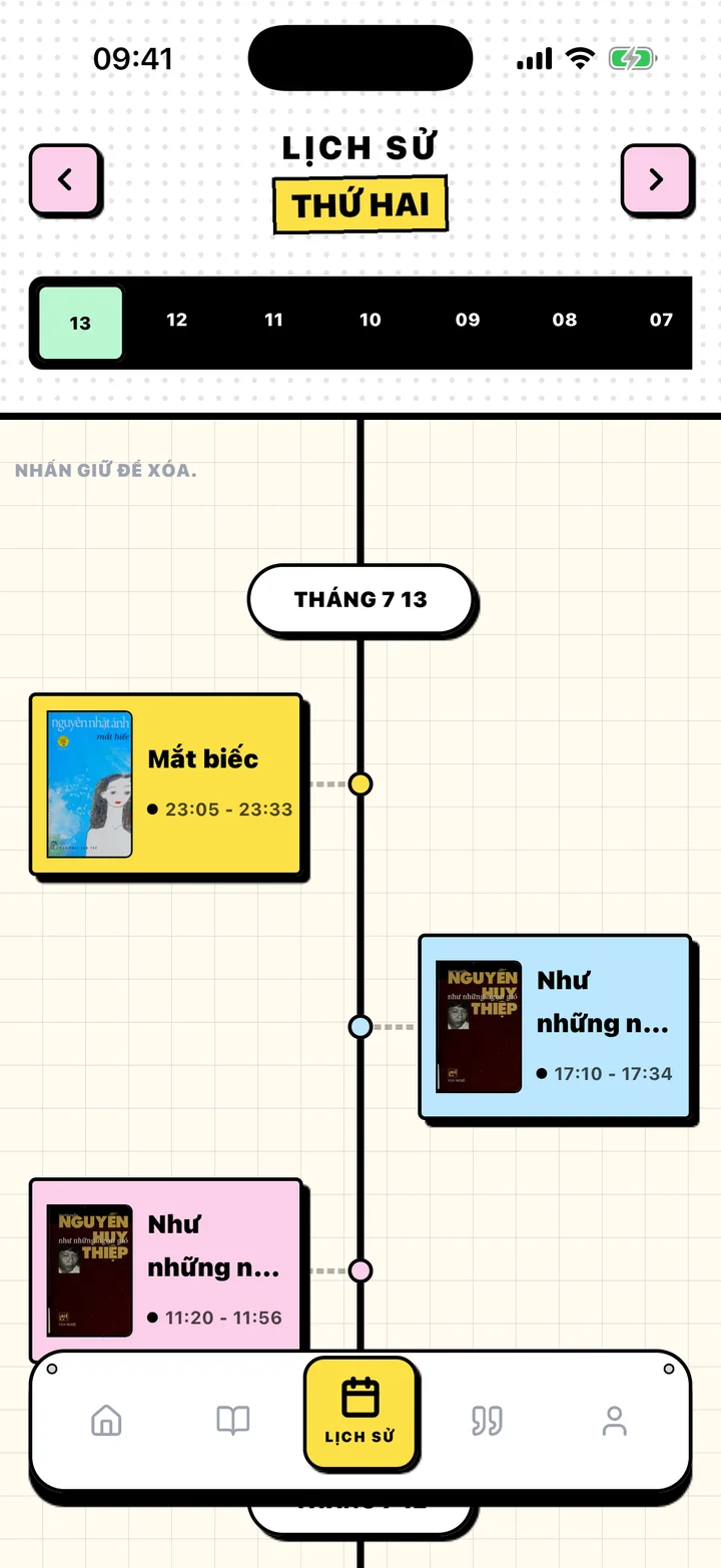 Màn hình Lịch sử của Chugs với các phiên đọc được sắp xếp theo ngày