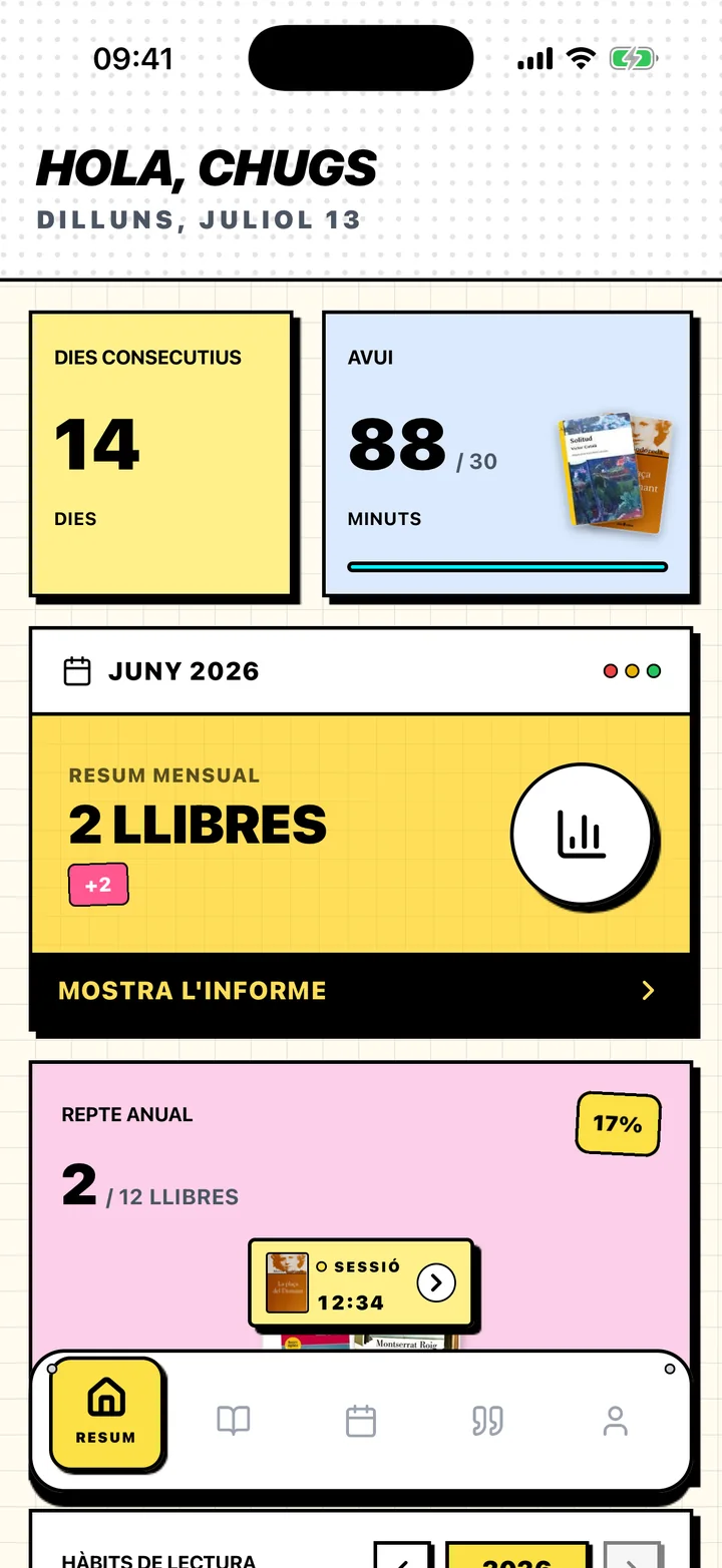 Pantalla Resum de Chugs amb una ratxa de lectura, l’objectiu diari i l’objectiu anual