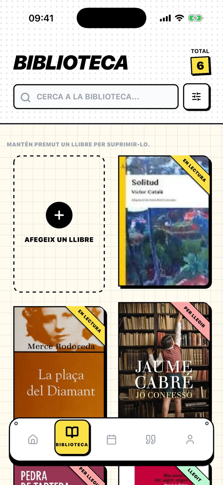 Pantalla Biblioteca de Chugs amb llibres als prestatges Per llegir, En lectura i Llegits
