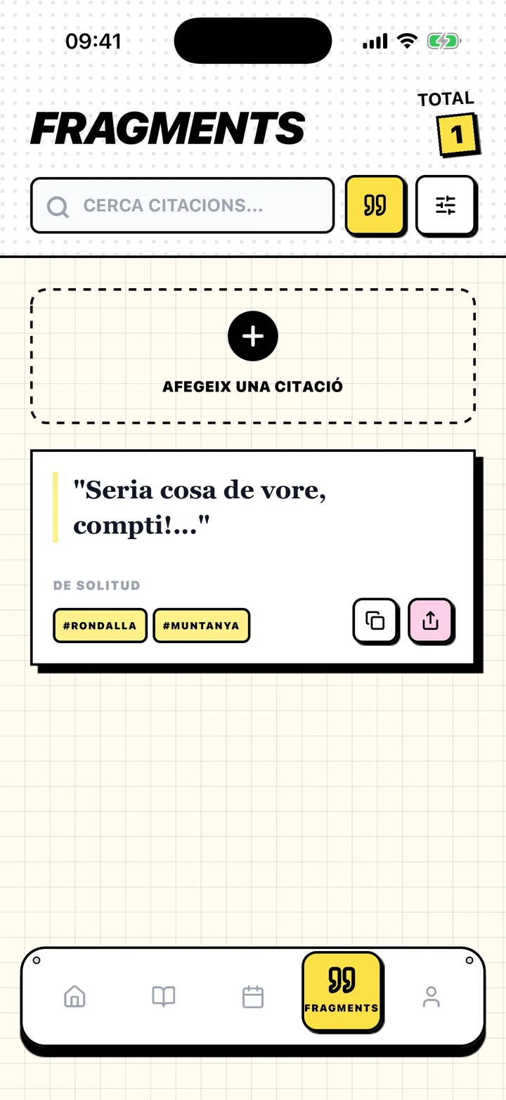 Pantalla de Chugs amb una citació desada, el seu llibre i les etiquetes