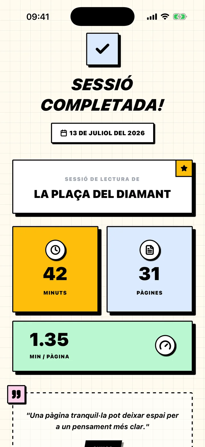 Resum d’una sessió a Chugs amb els minuts llegits, les pàgines i el ritme