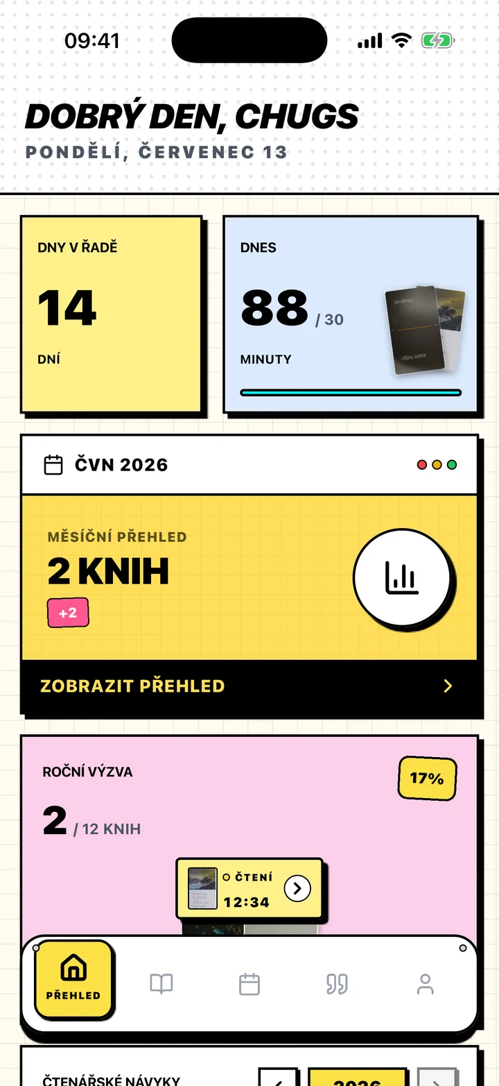 Obrazovka Přehled v Chugs s dny čtení v řadě, denním cílem a ročním cílem