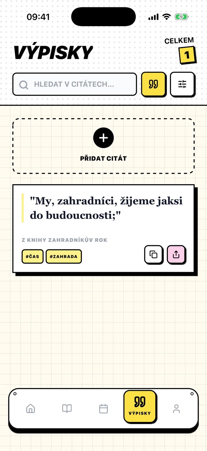 Obrazovka Chugs s uloženým citátem, jeho knihou a štítky