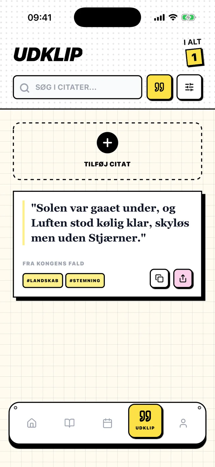 Chugs-skærm med et gemt citat, bogen det stammer fra, og tags