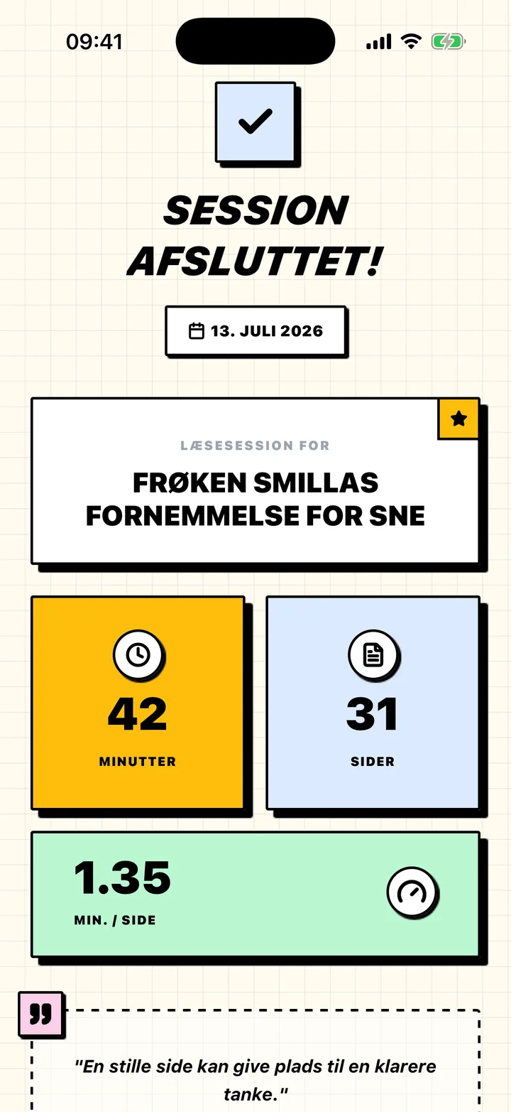 Chugs' sessionsopsummering med læste minutter, sider og tempo