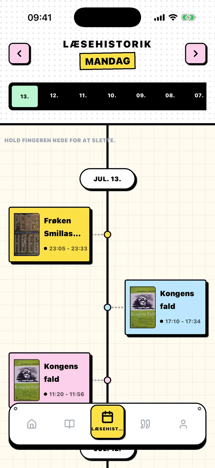 Chugs' læsehistorik med læsesessioner ordnet efter dato