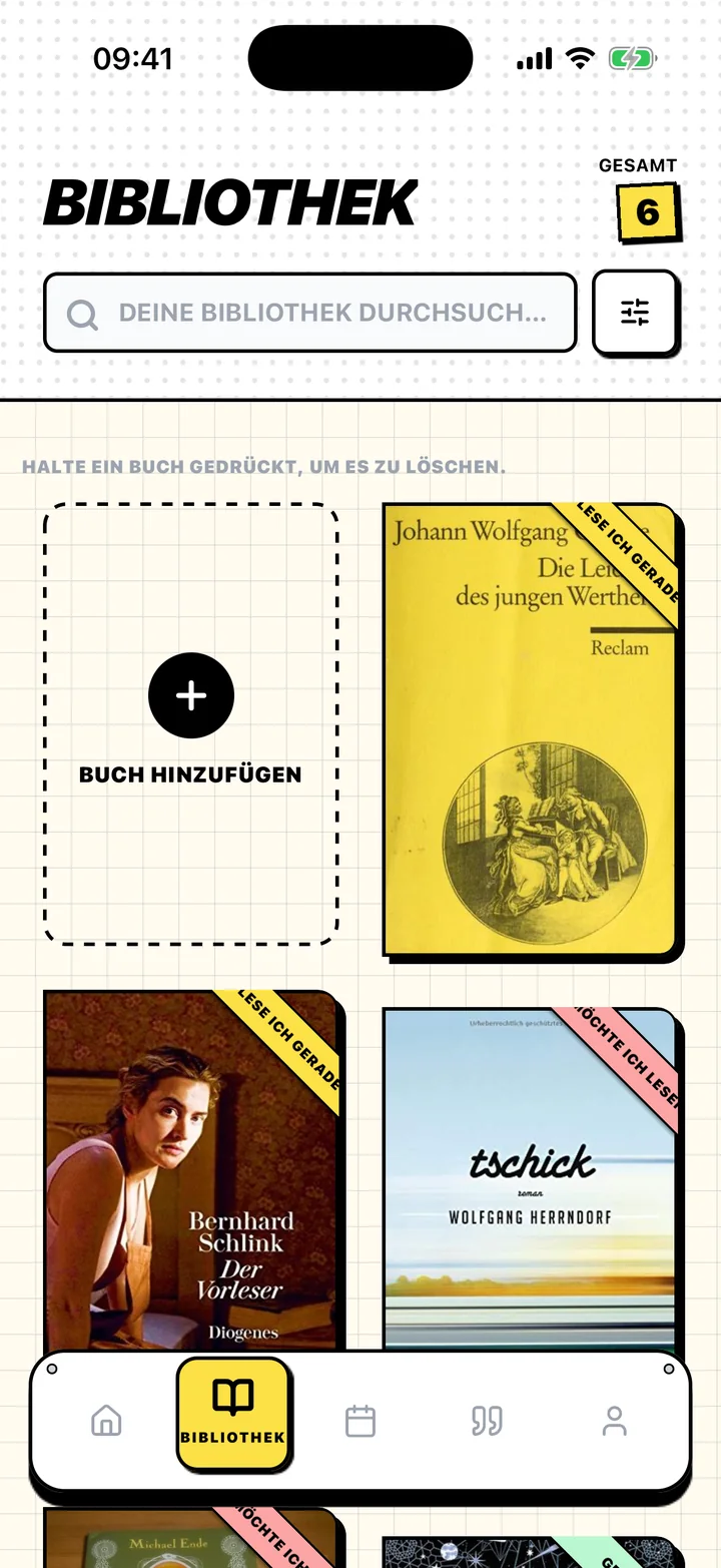 Chugs-Bibliothek mit Büchern in den Regalen „Möchte ich lesen“, „Lese ich gerade“ und „Gelesen“