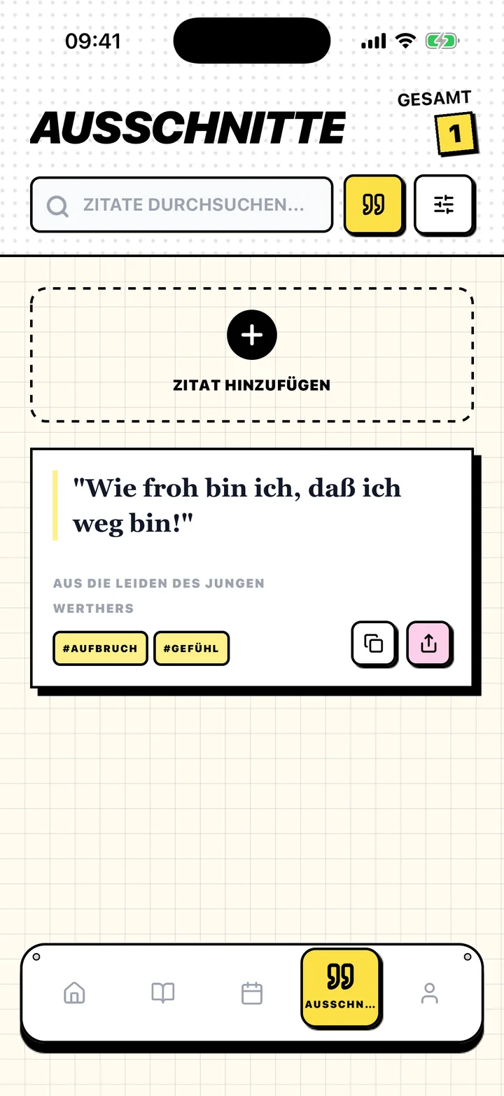 Chugs-Bildschirm mit einem gespeicherten Zitat, dem zugehörigen Buch und Tags