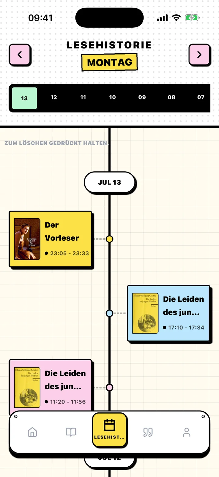 Chugs-Lesehistorie mit Lesesitzungen, nach Datum geordnet