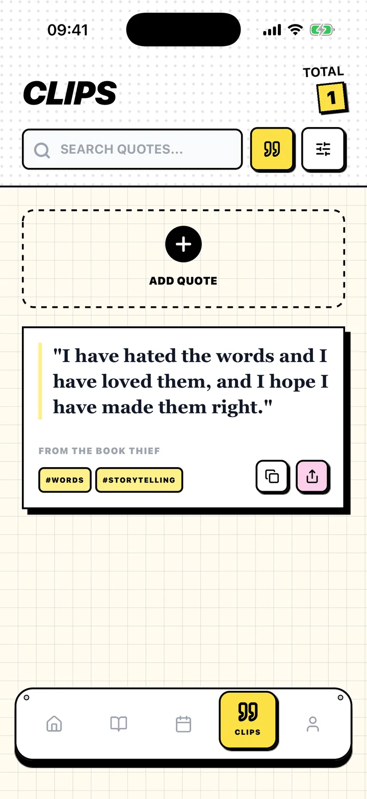Chugs screen with a saved quote, its book, and tags