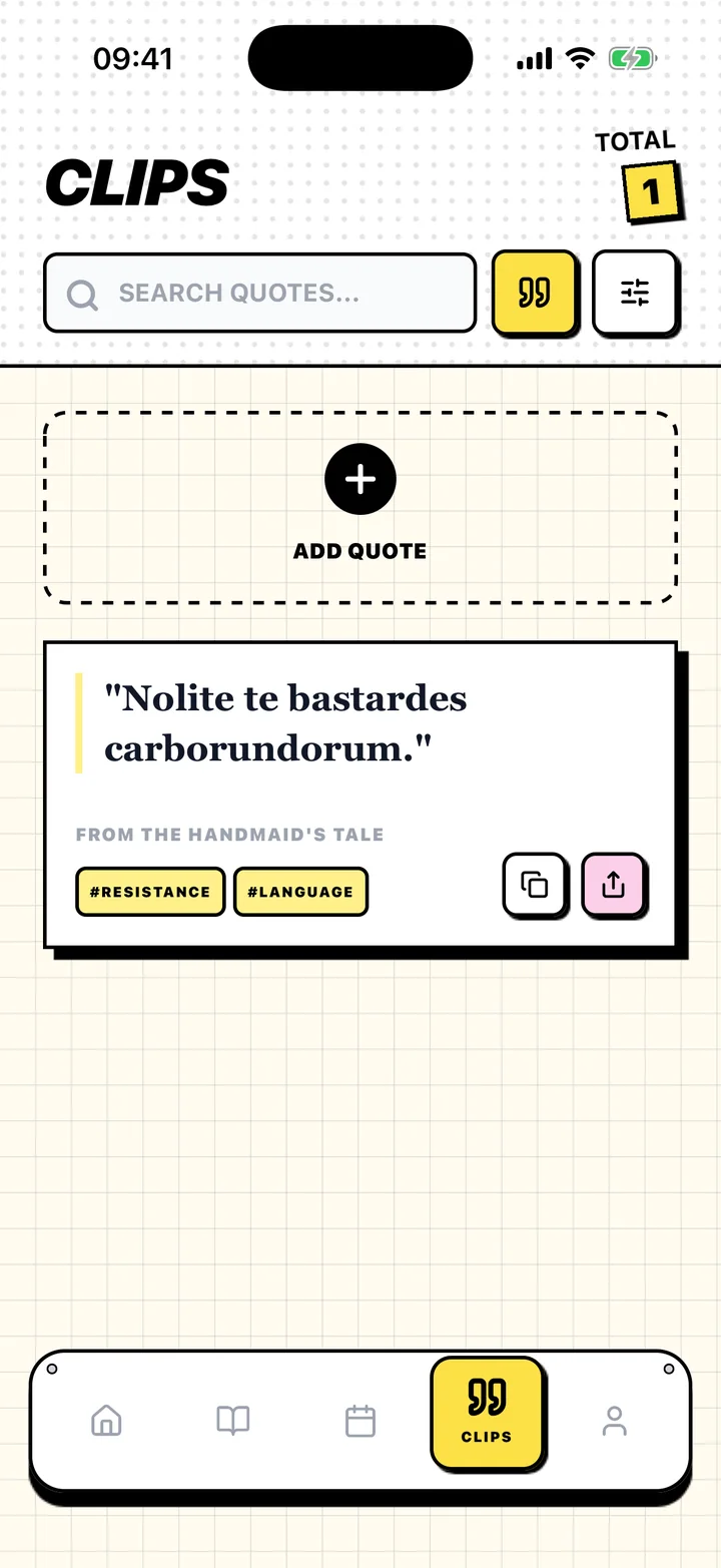 Chugs screen with a saved quote, its book, and tags