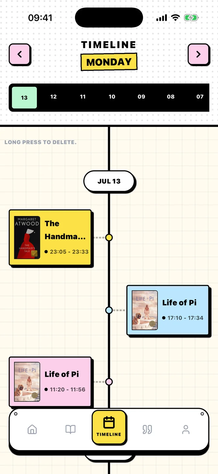 Chugs Timeline screen with reading sessions arranged by date