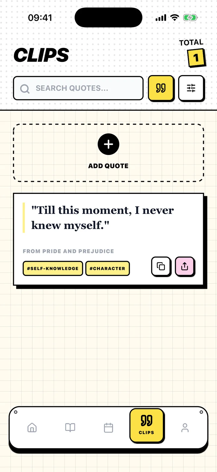 Chugs screen with a saved quote, its book, and tags