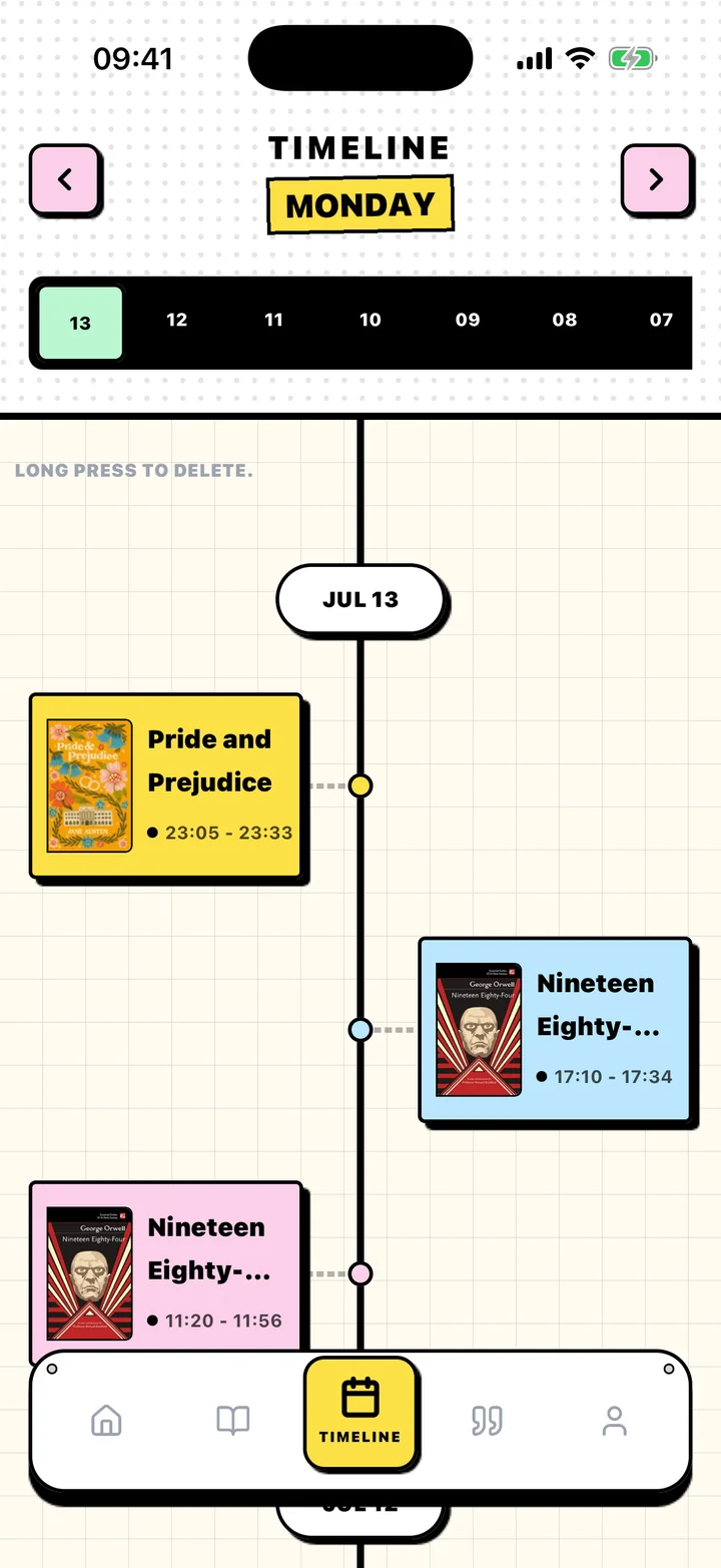 Chugs Timeline screen with reading sessions arranged by date