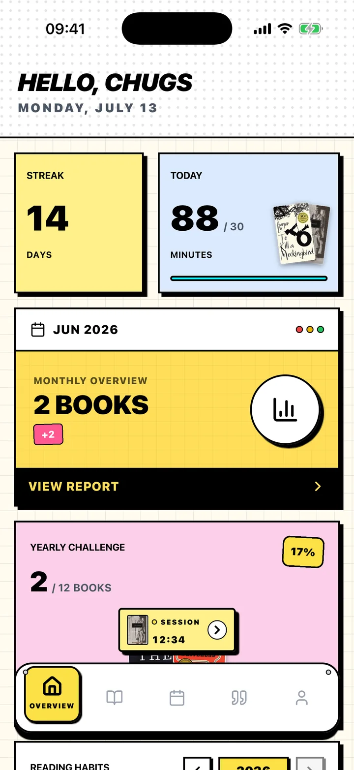 Chugs Overview screen with a reading streak, daily goal, and yearly goal