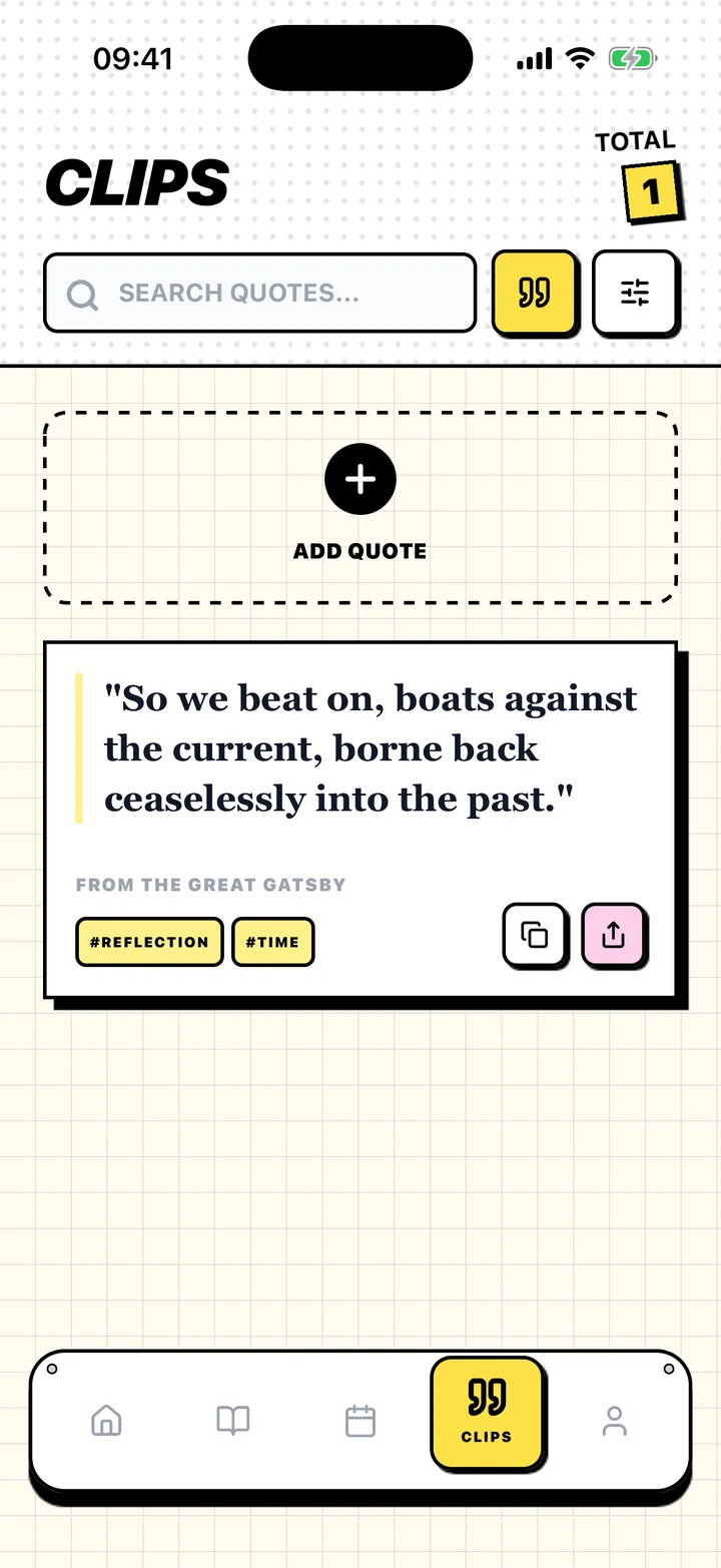 Chugs screen with a saved quote, its book, and tags