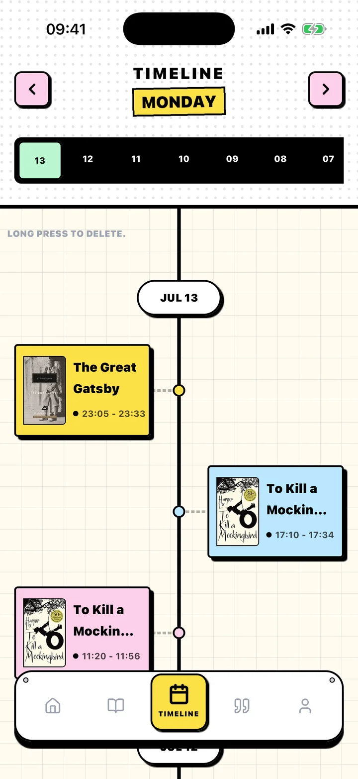Chugs Timeline screen with reading sessions arranged by date