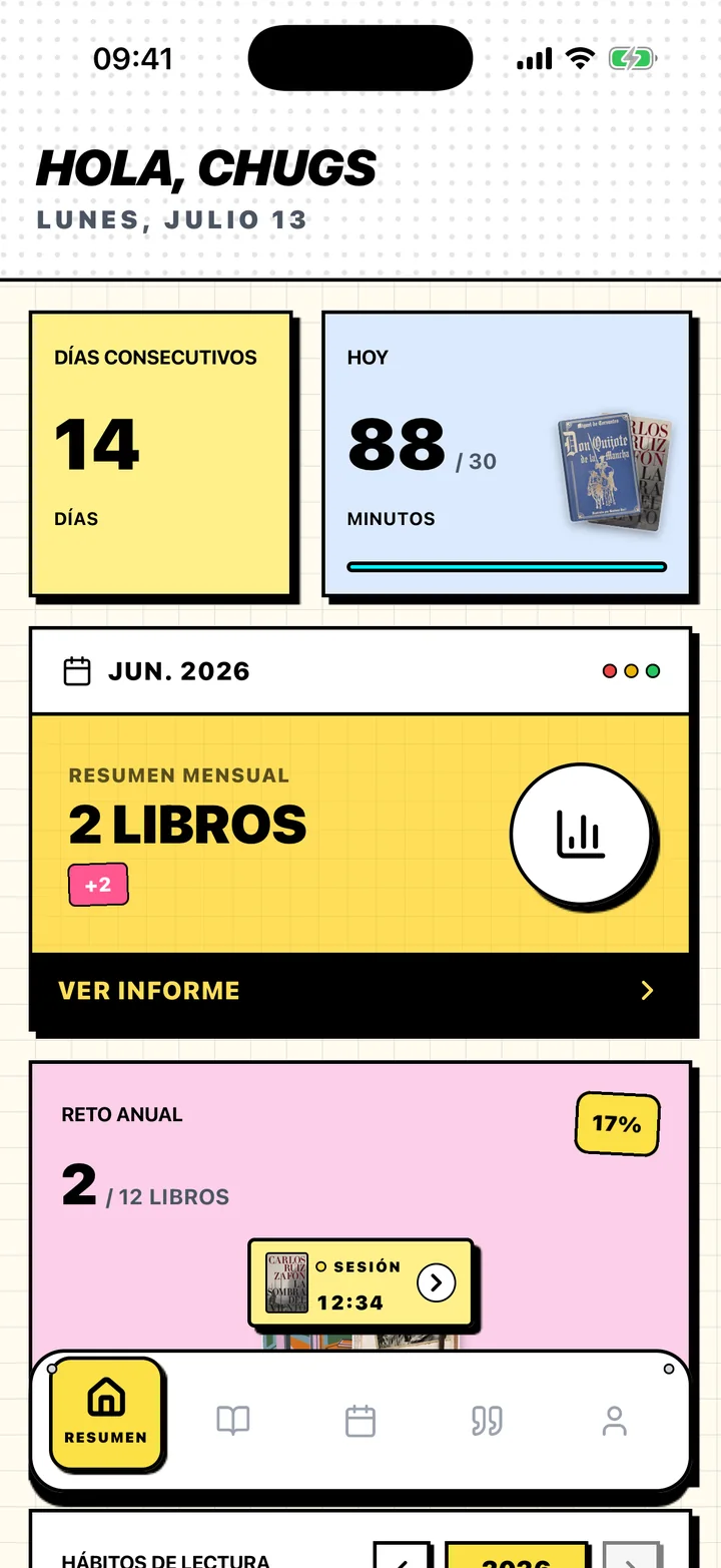 Pantalla Resumen de Chugs con una racha de lectura, un objetivo diario y un objetivo anual