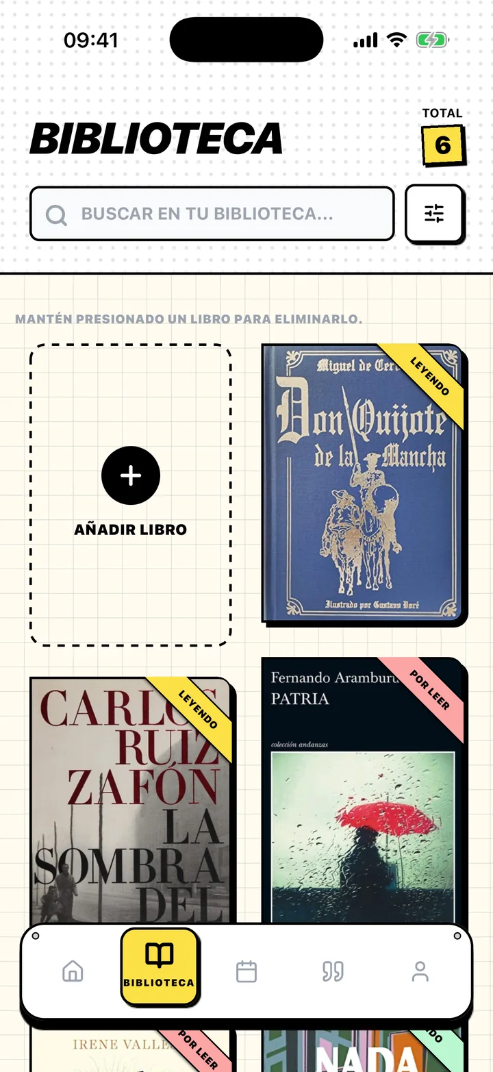 Pantalla Biblioteca de Chugs con libros en las estanterías Por leer, Leyendo y Leídos
