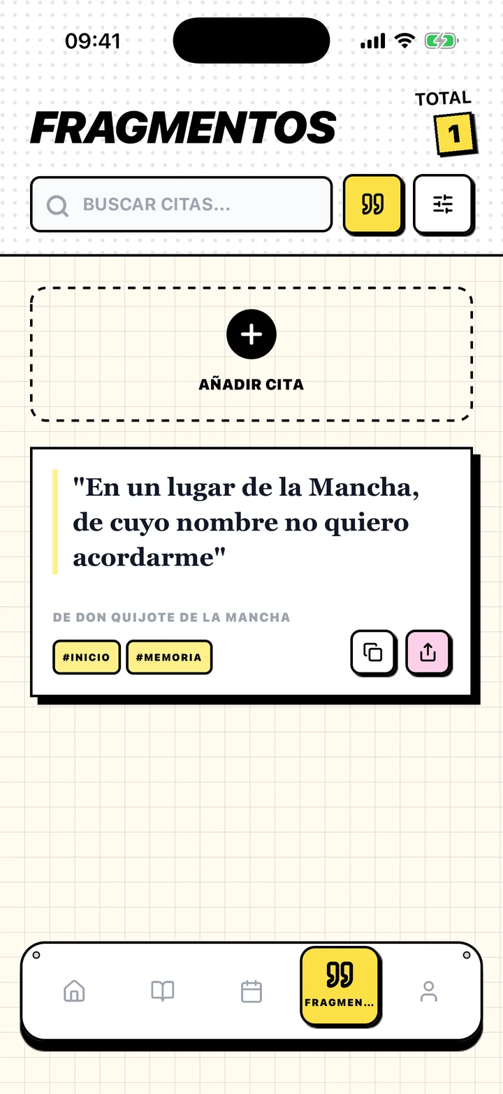 Pantalla de Chugs con una cita guardada, su libro y sus etiquetas