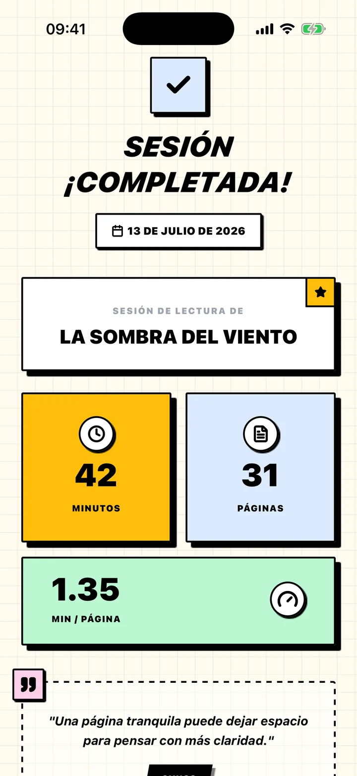 Balance de una sesión en Chugs con minutos leídos, páginas y ritmo