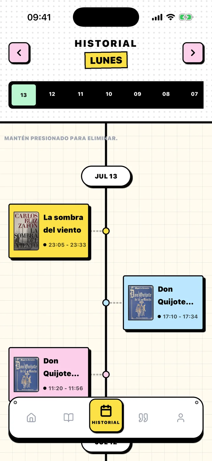 Pantalla Historial de Chugs con sesiones de lectura ordenadas por fecha