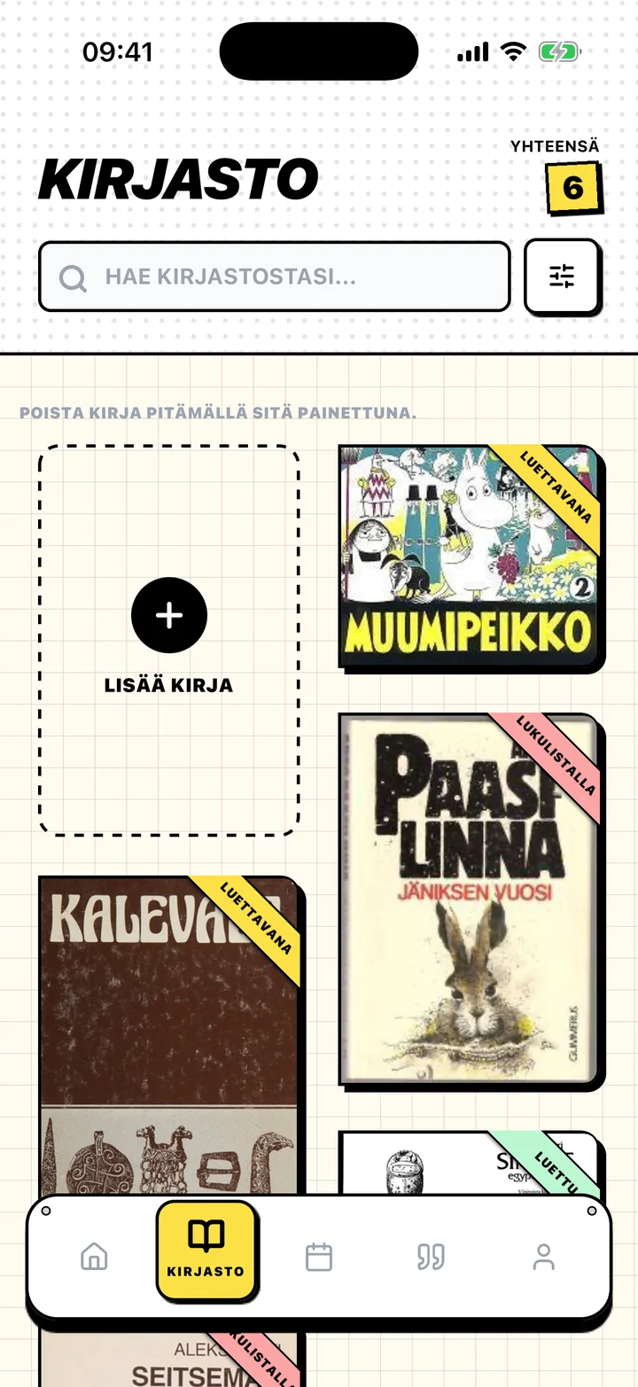 Chugsin kirjastonäkymä, jossa kirjoja on hyllyillä Lukulistalla, Luettavana ja Luettu