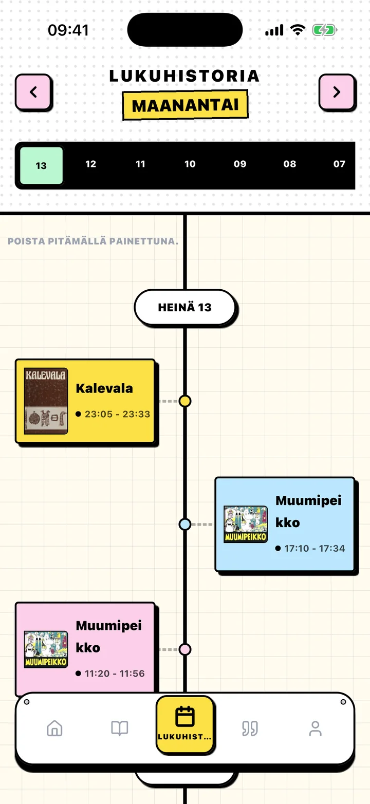 Chugsin Lukuhistoria-näkymä, jossa lukuhetket on järjestetty päivämäärän mukaan